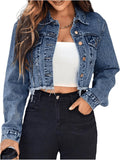 Floerns Cropped Raw Hem Long Sleeve Denim Jacket - Casual Chic
