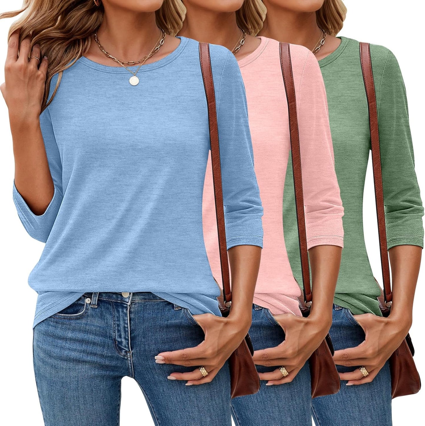 3 Pack 3/4 Sleeve Tops for Women - Casual Dressy Basics Tees