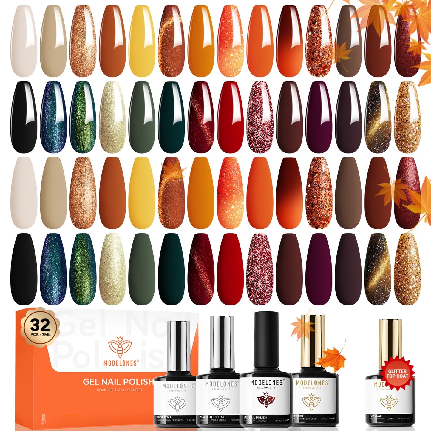 32 PCS Fall Gel Nail Polish Set with 28 Colors for All Seasons
