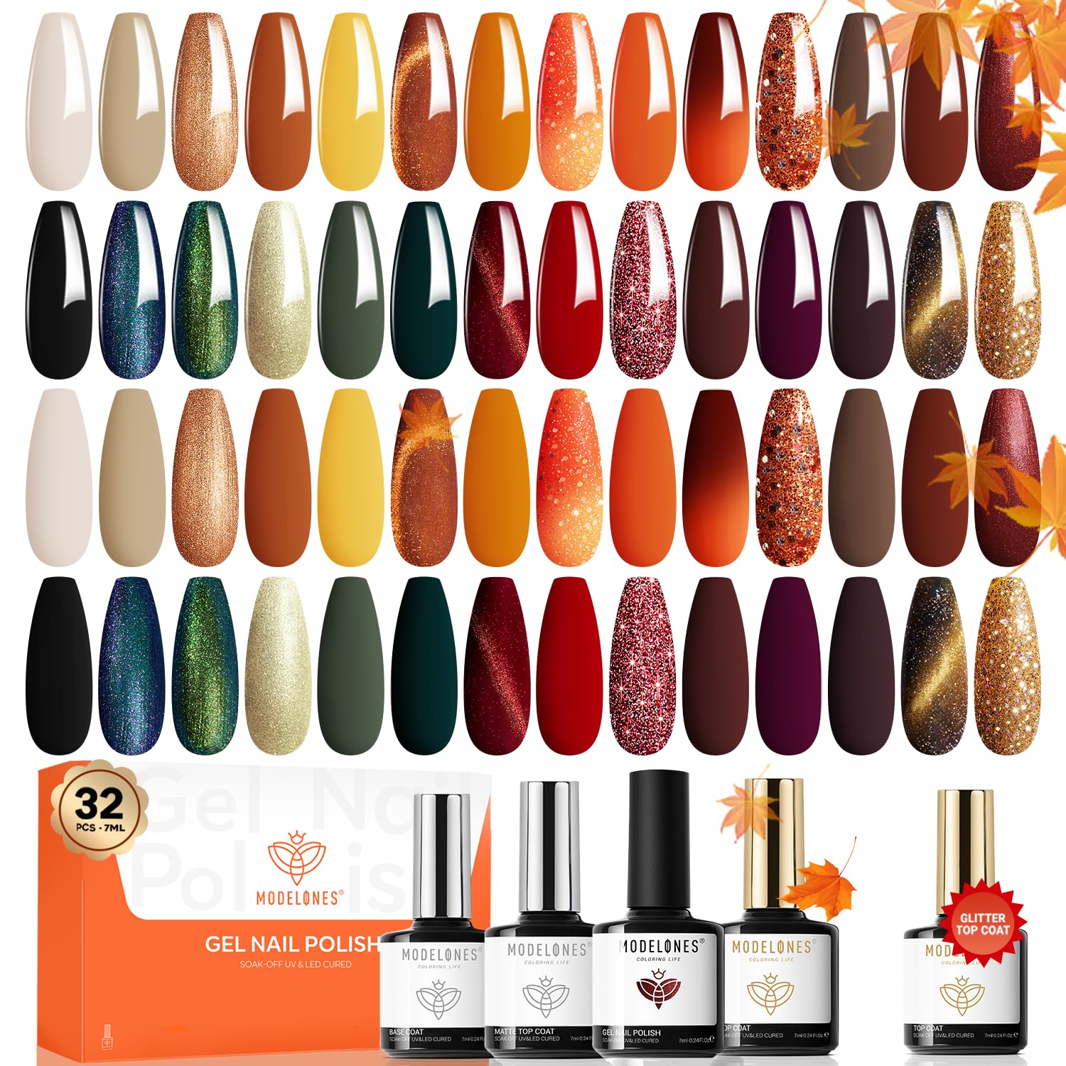 32 PCS Fall Gel Nail Polish Set with 28 Colors for All Seasons