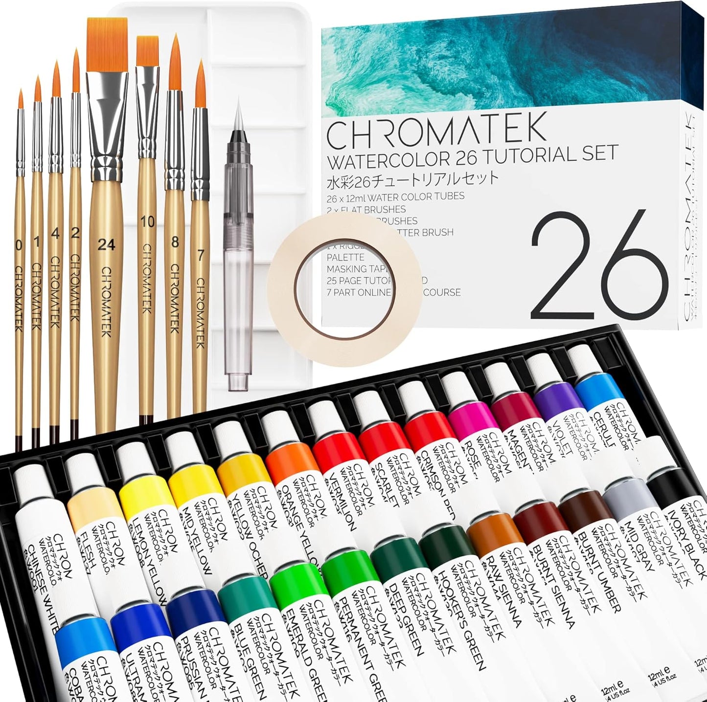 CHROMATEK Watercolor Paint Set - 62 Piece Complete Kit