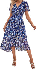Women's Summer Floral Boho Maxi Dress Wrap V Neck Ruffle - Flowy