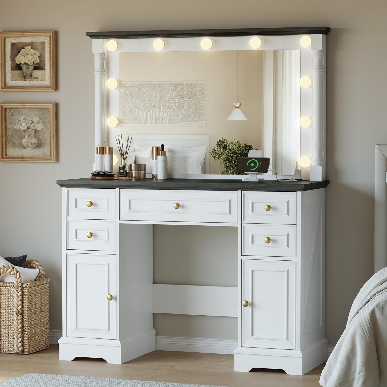 Elegant Vanity Desk with Large Mirror and LED Lights for Makeup