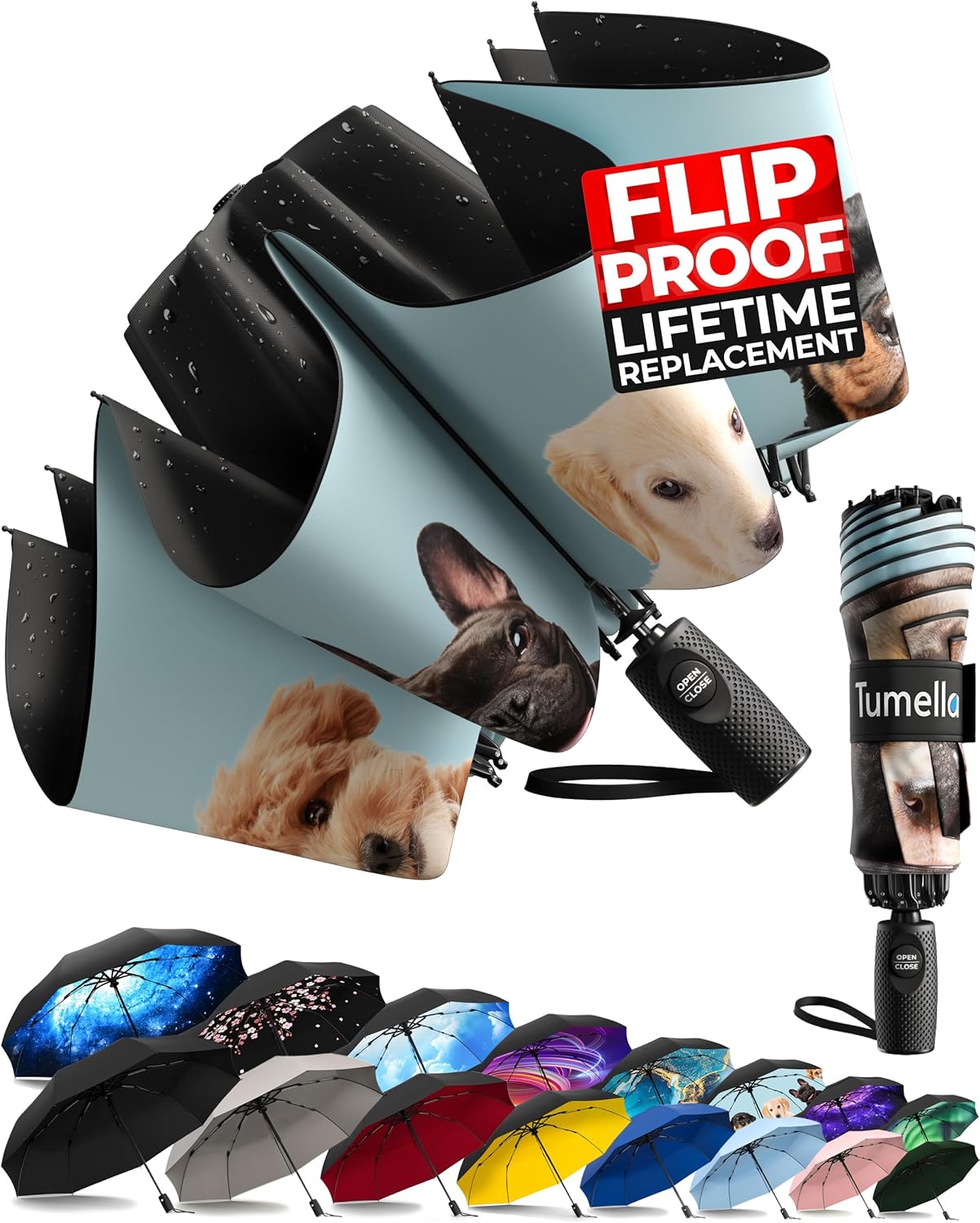 TUMELLA Flip-proof Inverted Travel Umbrella for All Weather