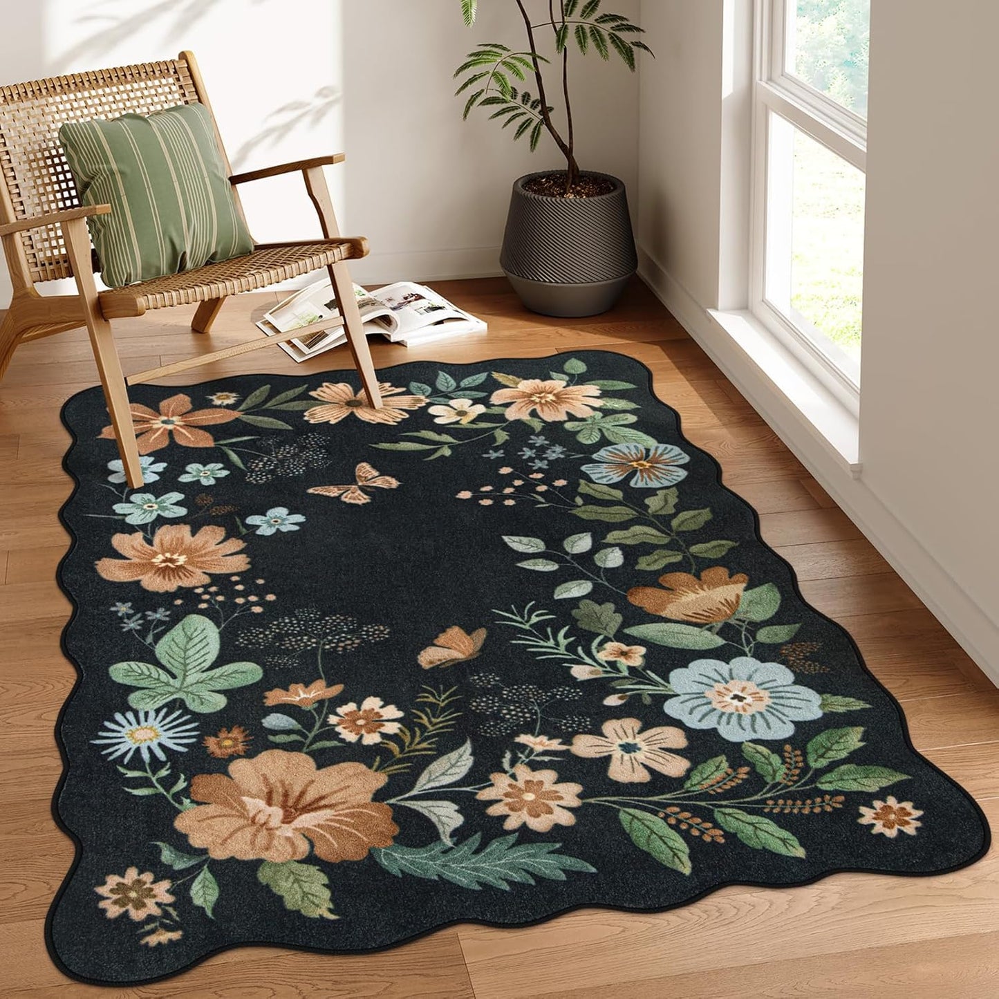 Lahome Floral Machine Washable Rug for Soft Bedroom and Entryway