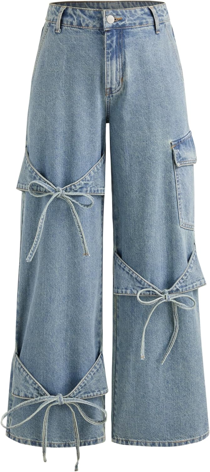 CIDER Baggy Jeans for Women with Bowknot Detail and Pockets