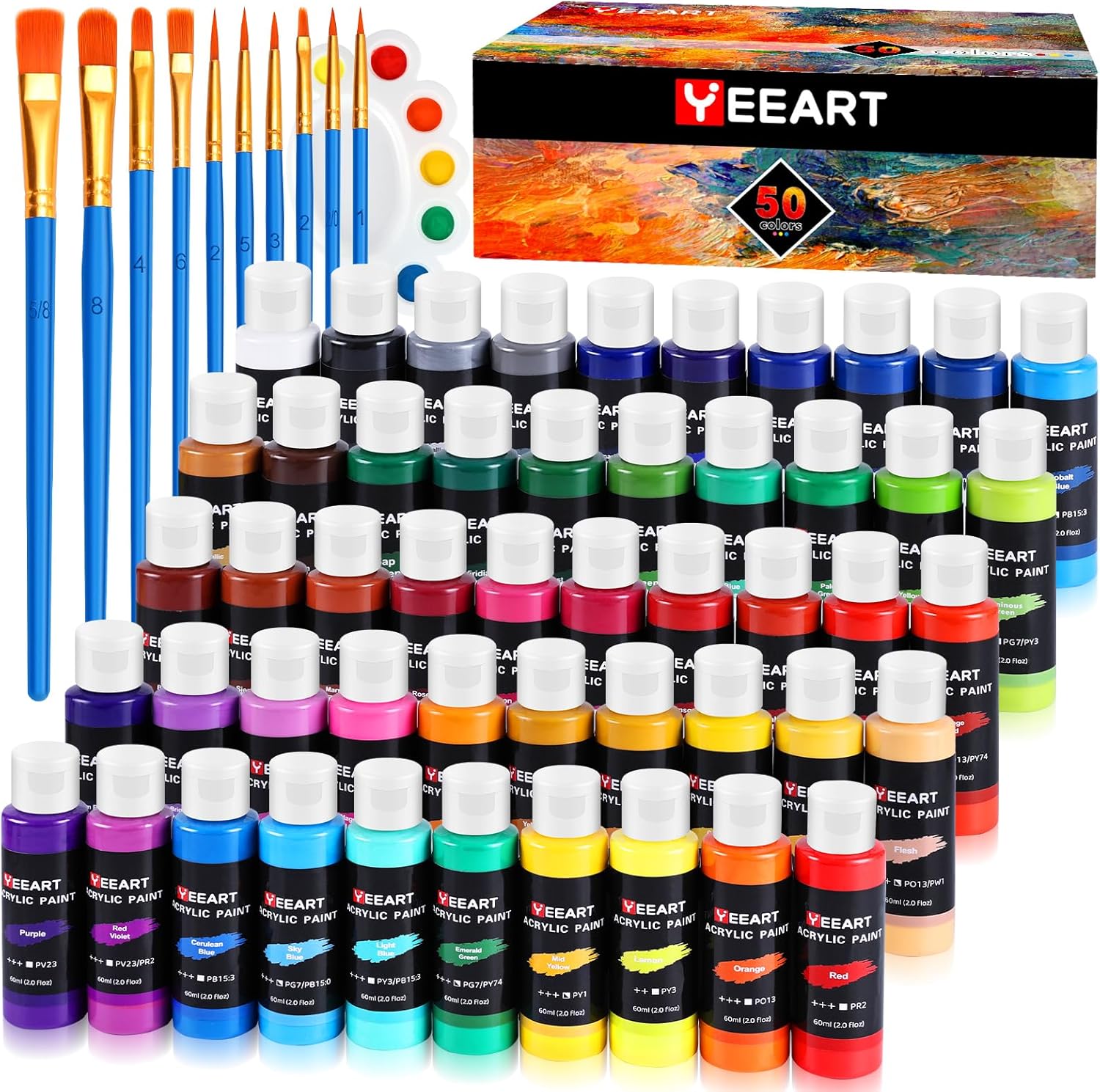 50 Color Acrylic Paint Set with Brushes and Palette for Art