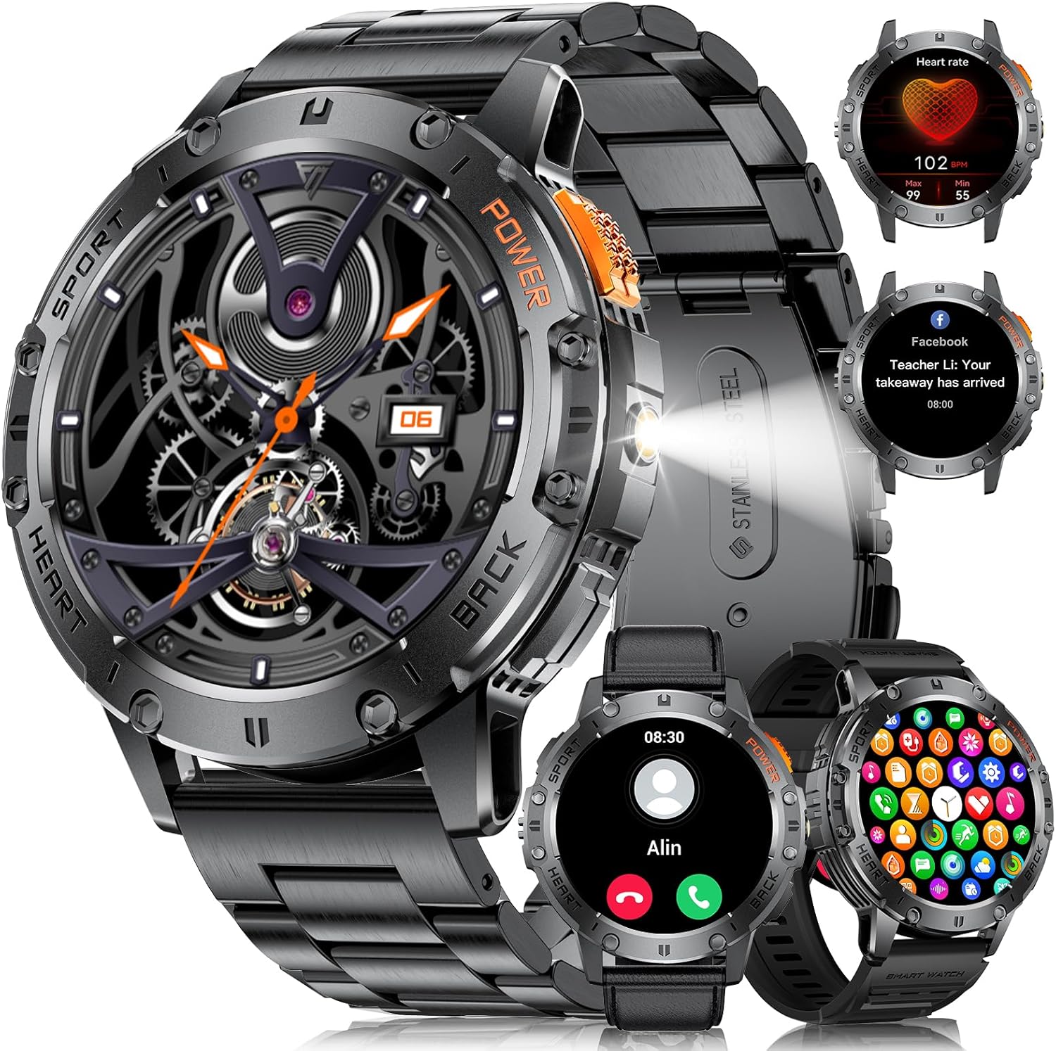 Advanced Military Smartwatch: Calls+Flashlight, Heart Rate Monitor, Waterproof, 100+ Sports Modes
