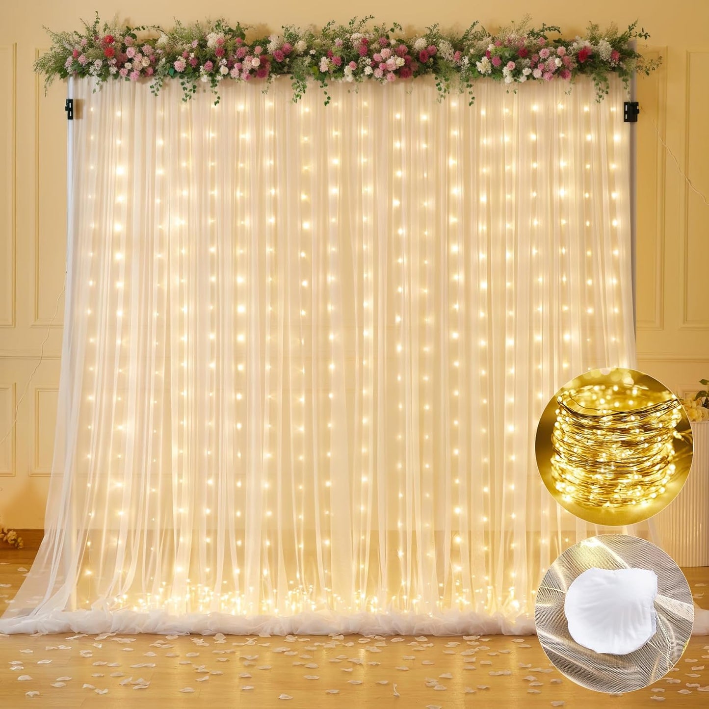 White Sheer Tulle Backdrop with Fairy Lights - Wedding Ready