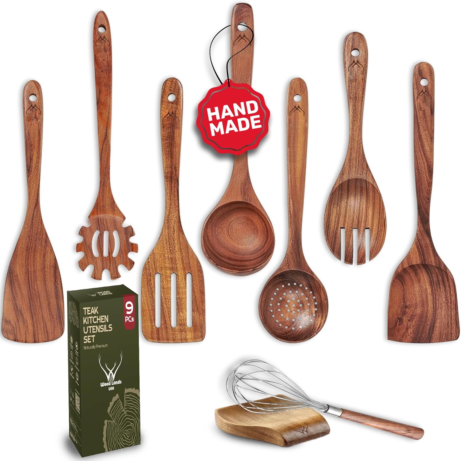9 Pcs Teak Wooden Spoons for Cooking - Premium Utensils Set