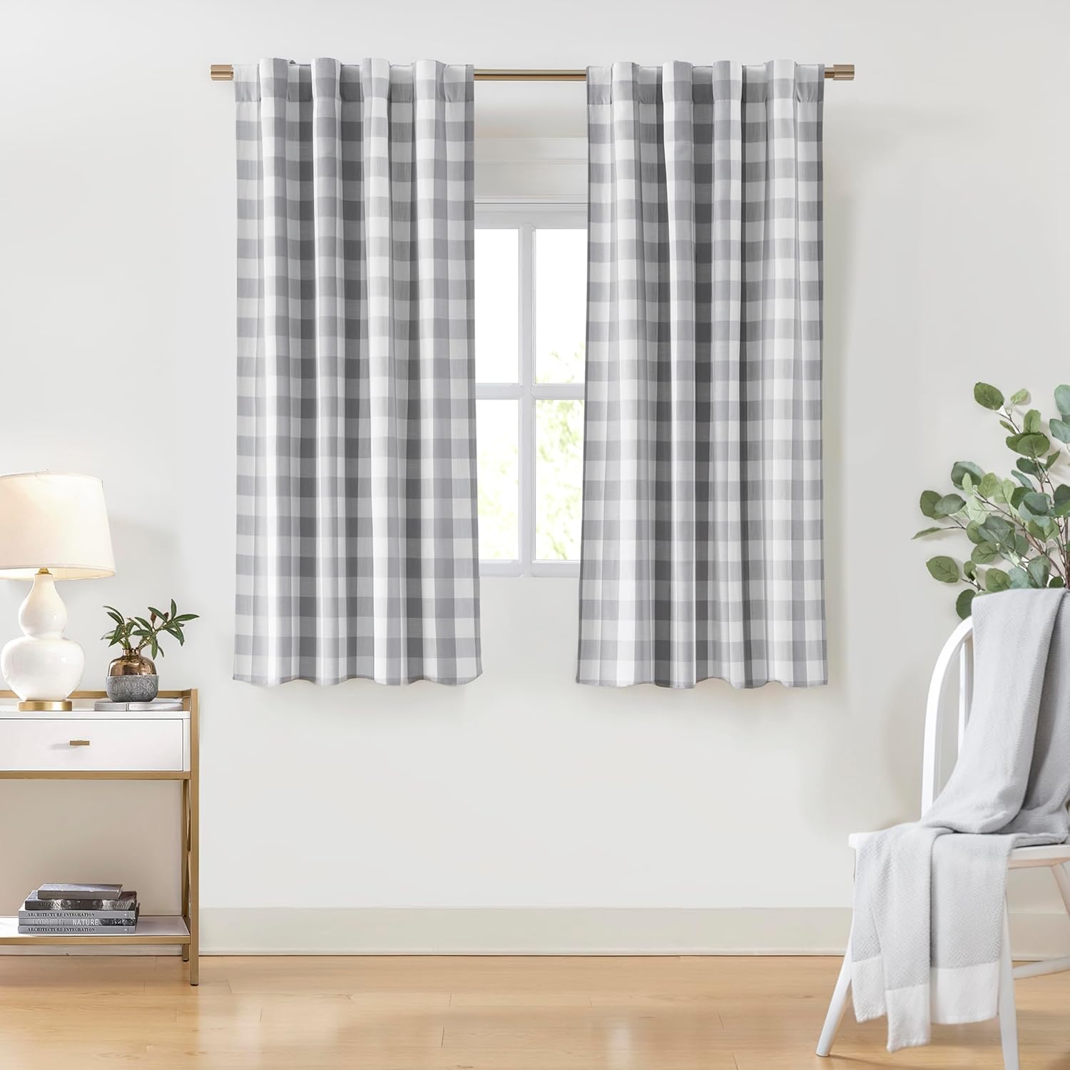 Short Grey White Buffalo Plaid Blackout Curtains for Home