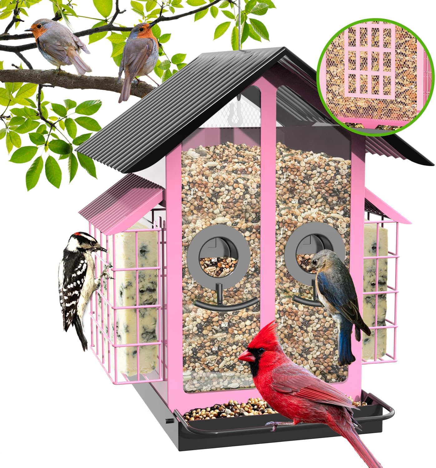 Bird Feeders for Outdoors with Double Suet Cage and Metal Roof