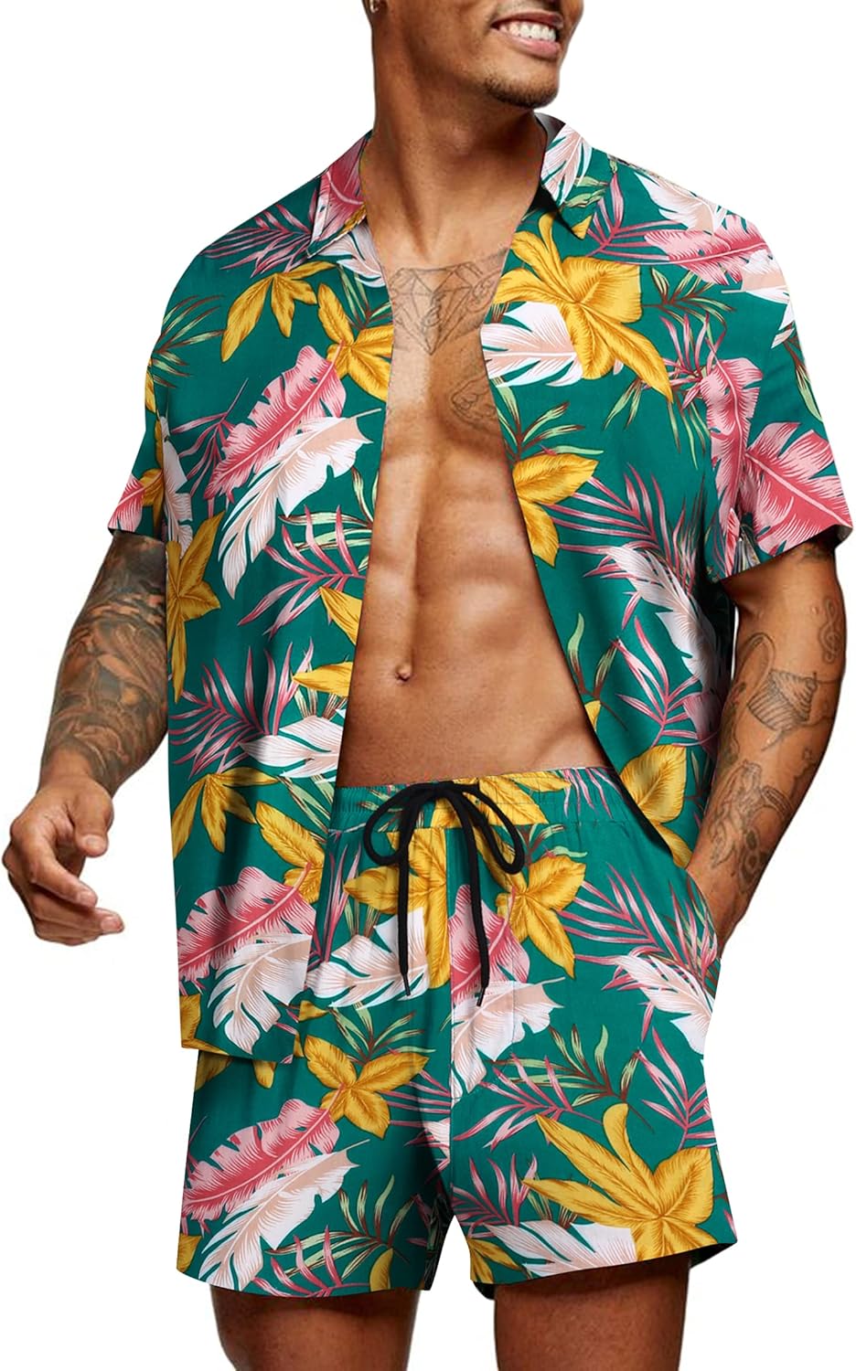 COOFANDY Men's Hawaiian Matching Set for Summer Beach Fun