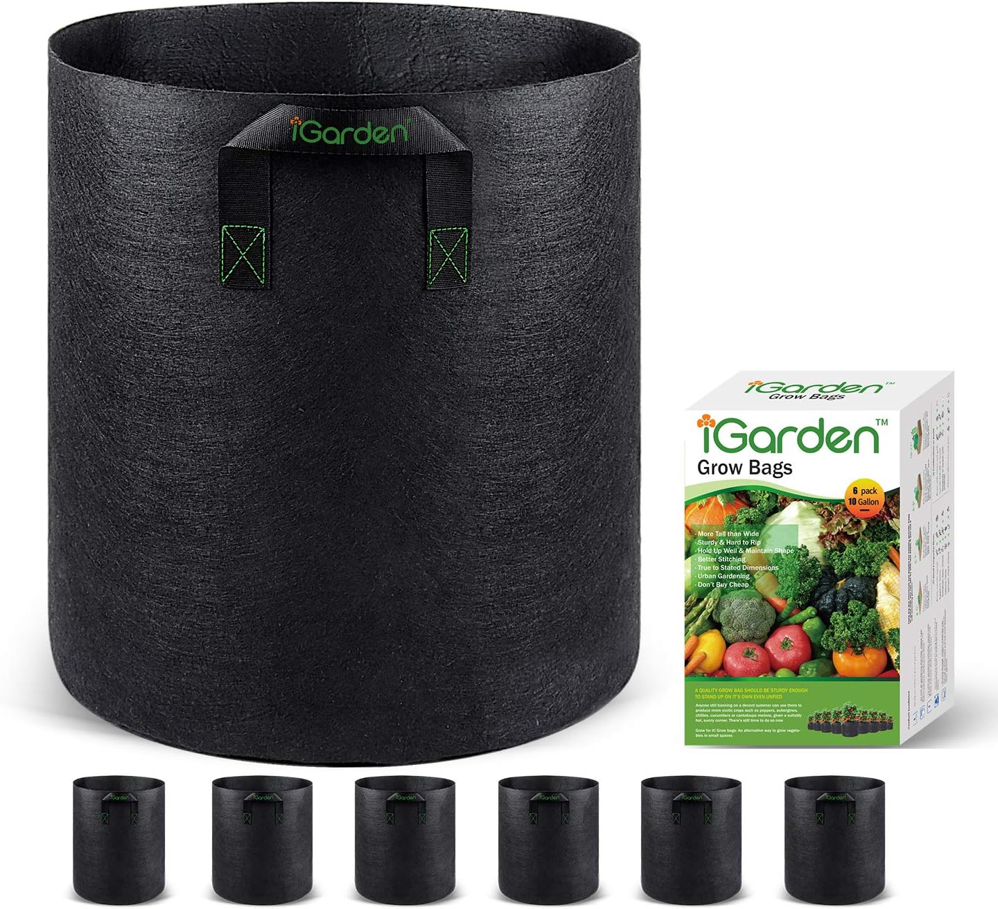Grow Bags Tall 10 Gallon Pots 6 Pack Heavy Duty Nonwoven Fabric