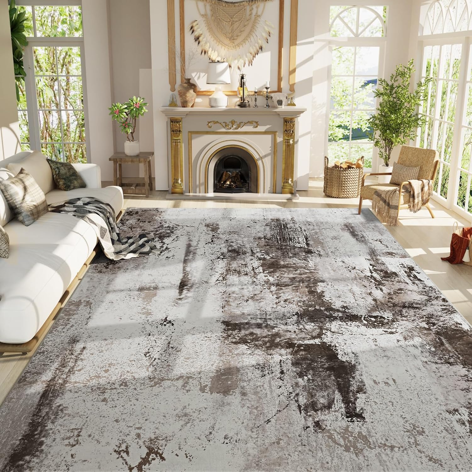 Living Room Rug 7x10 Machine Washable Abstract Boho Design