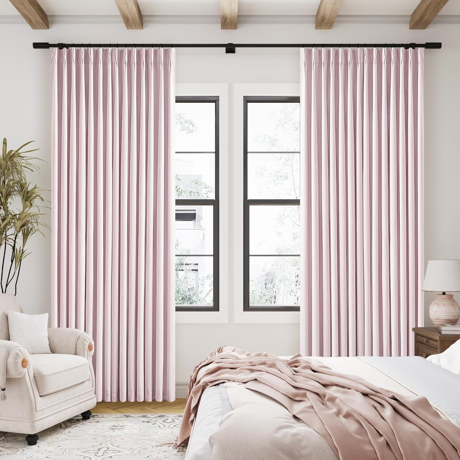 Pale Pink Linen Pinch Pleated Curtains for Girls Bedroom