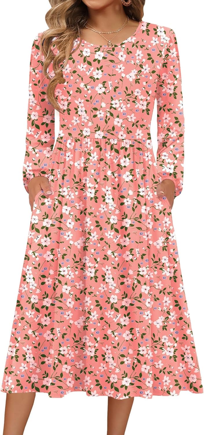Zeagoo Long Sleeve Dresses for Women - Casual Flowy A-Line Midi