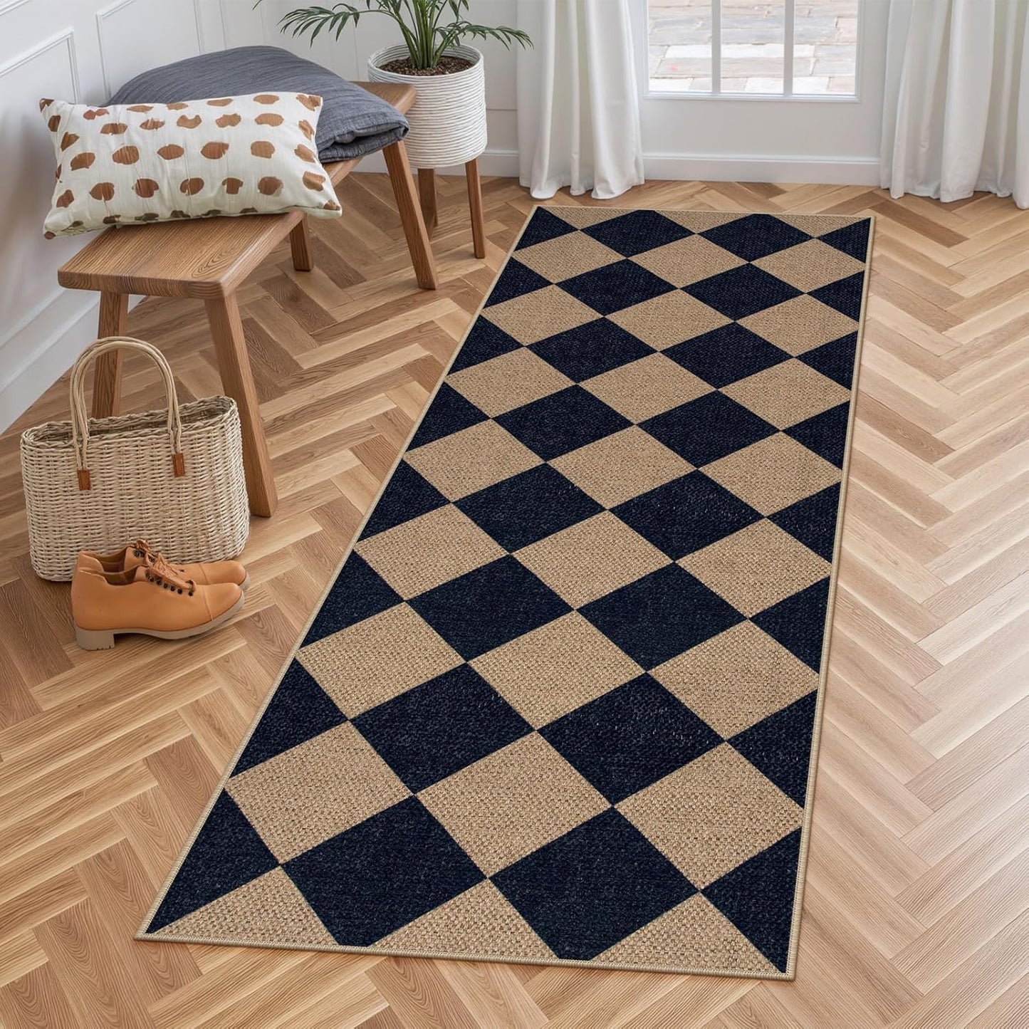 Checkered Easy Jute Runner Rug for Kitchen and Entryway Use