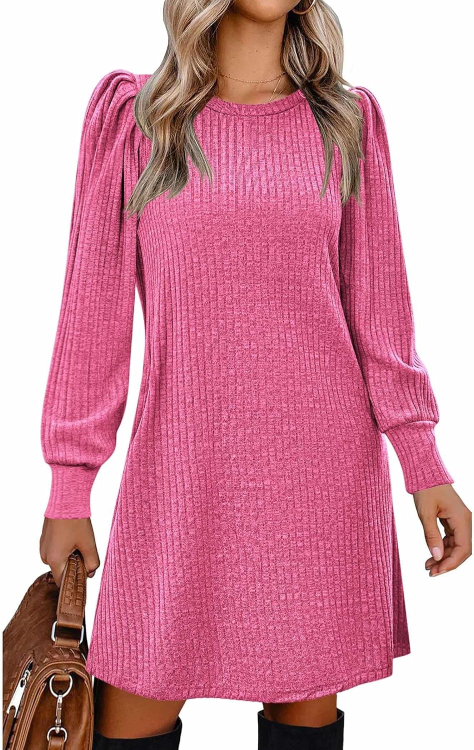Stylish Women's Knit Dress with Puff Sleeves for Fall & Winter
