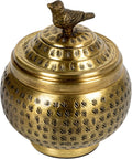 Round Hammered Metal Container with Bird Finial - Brass Accent