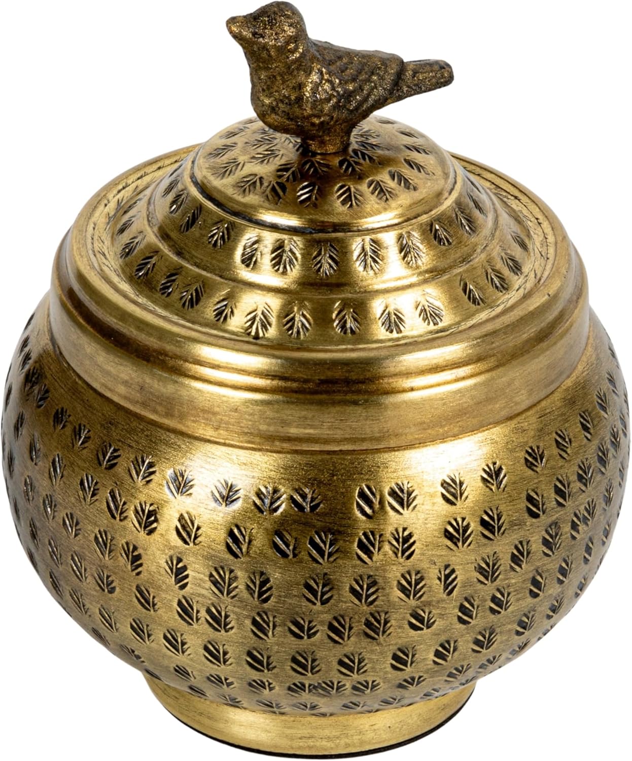 Round Hammered Metal Container with Bird Finial for Home Decor