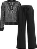 Womens 2 Piece Crochet Knit Half Zip Set - Loose Fit Lounge Travel