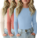 3 Pack Girls Long Sleeve Ribbed Cotton Shirts - Slim Fit Layering Tees