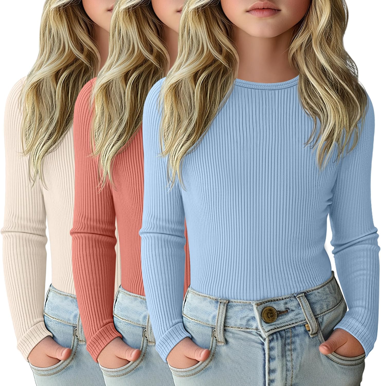 3 Pack Girls Long Sleeve Shirts for Casual Layering and Comfort