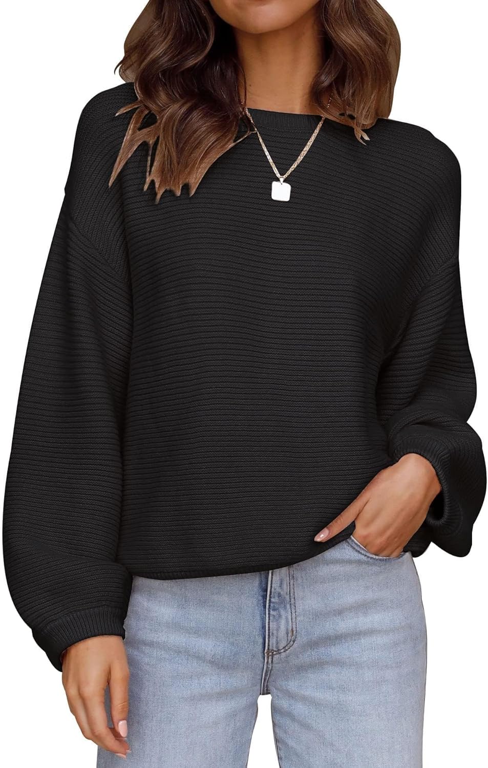 ZESICA Women's Crew Neck Lantern Sleeve Pullover Sweater Tops