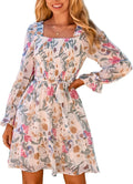 Simplee Womens Boho Floral Long Sleeve Mini Dress - Smocked A-Line