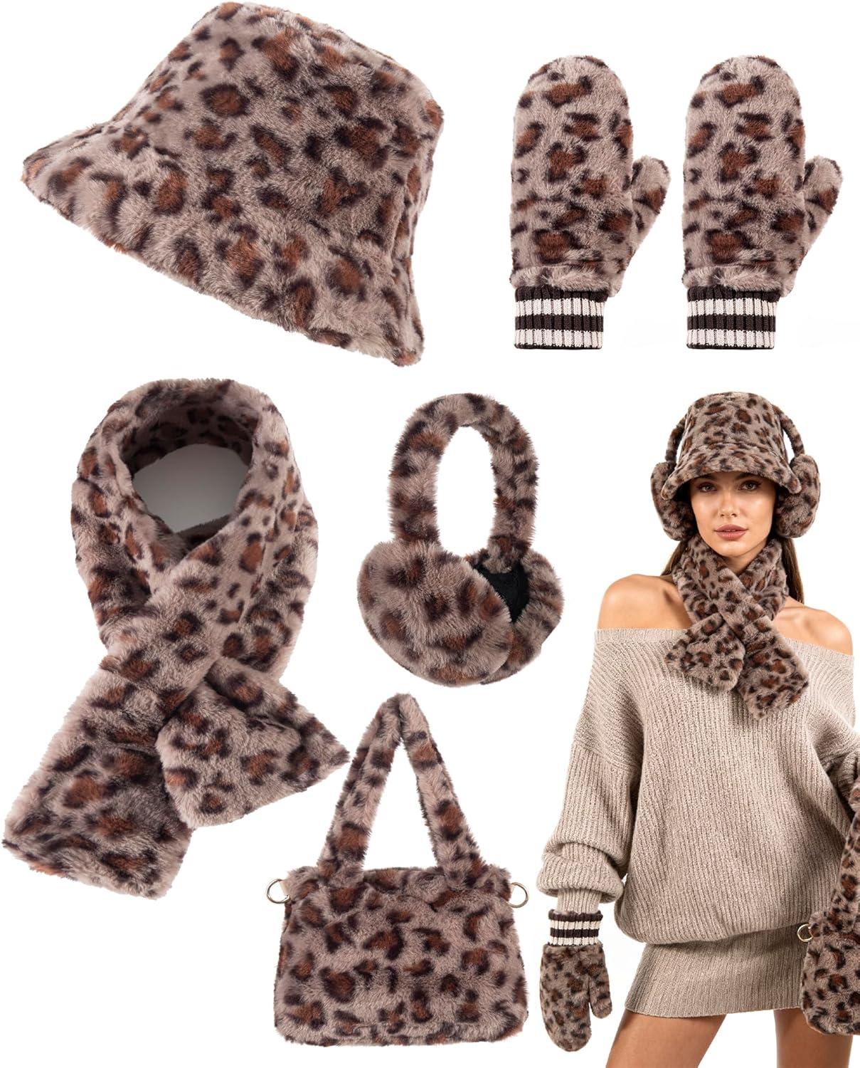 Christmas Gifts Sets for Women - 5 Piece Faux Fur Hat & Gloves