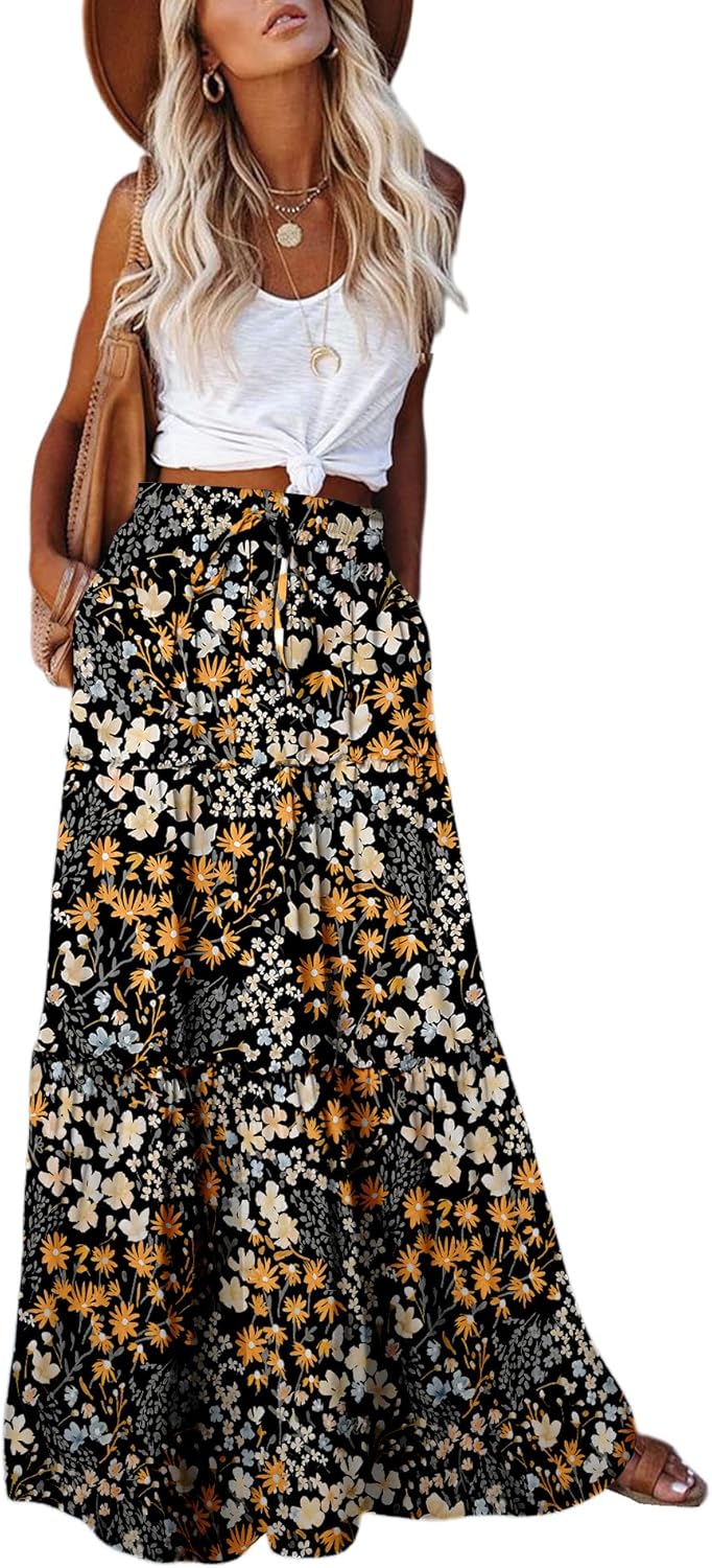 EARKOHA Womens Casual High Waist Tie Maxi Skirt with Pockets