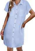 Women Cotton-Blend Short Sleeve Button Down Mini Dress - Flowy Casual