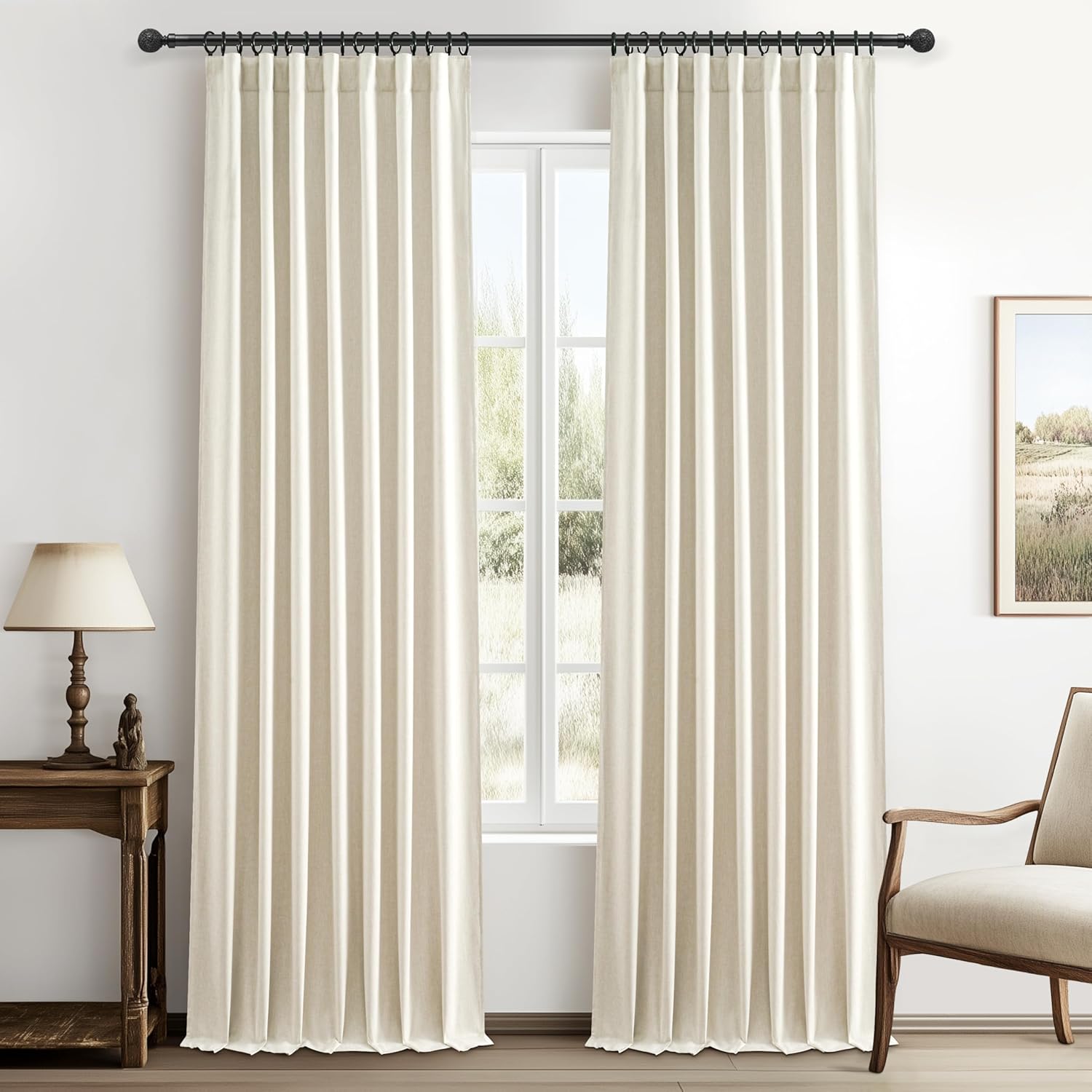 Floor to Ceiling Full Blackout Cream Linen Curtains for Sliding Doors