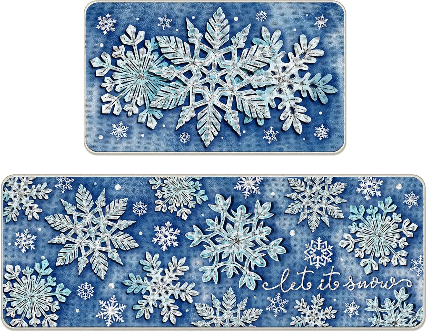 Winter Snowflake Blue Kitchen Rugs Set of 2 for Festive Decor