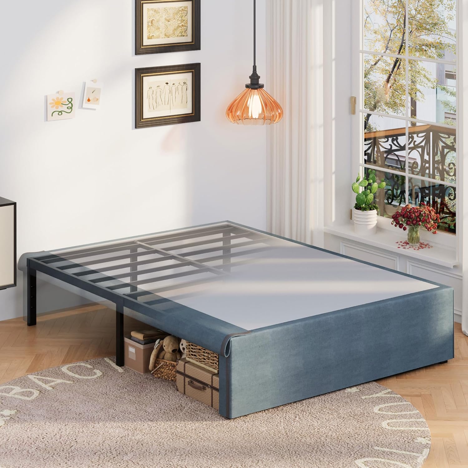 16 Inch Queen Bed Frame with Fabric Cover and Storage Solution
