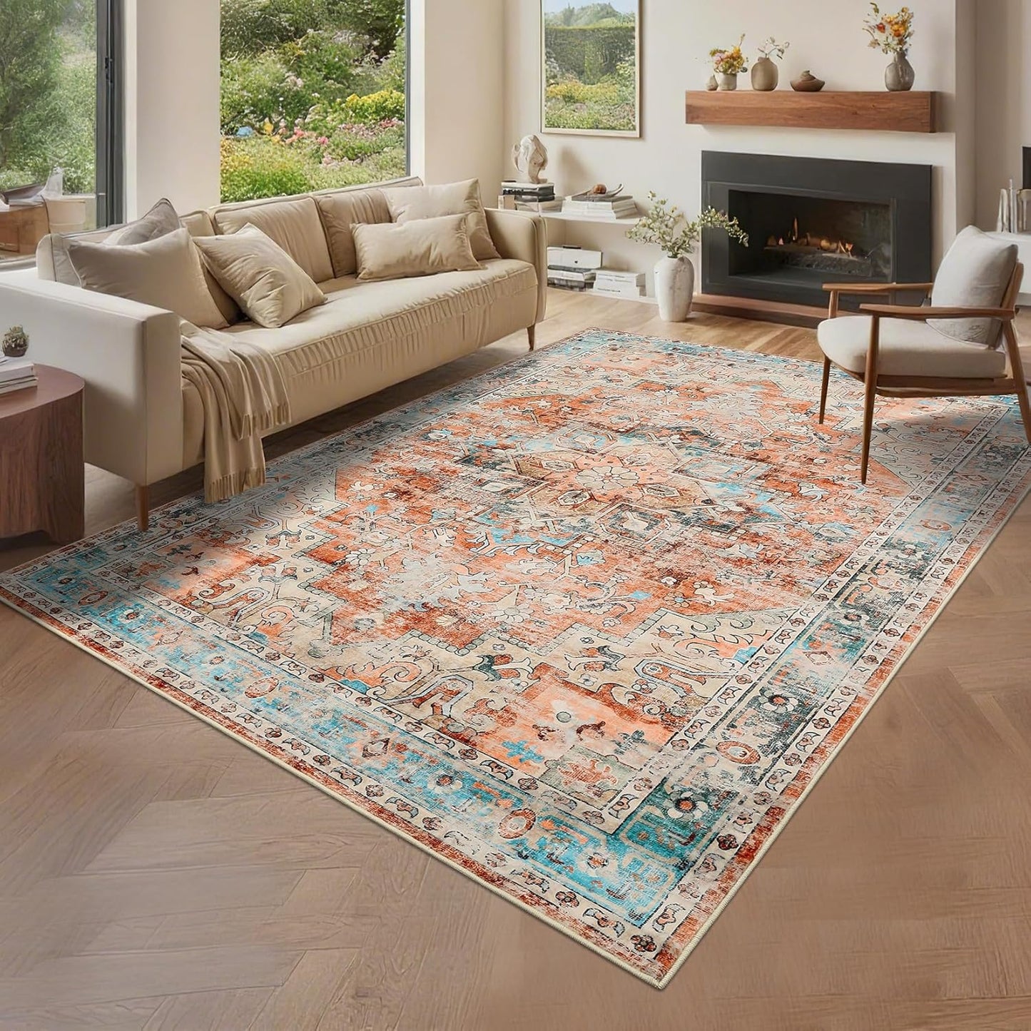Vintage Washable Area Rug for Living Room and Bedroom Spaces