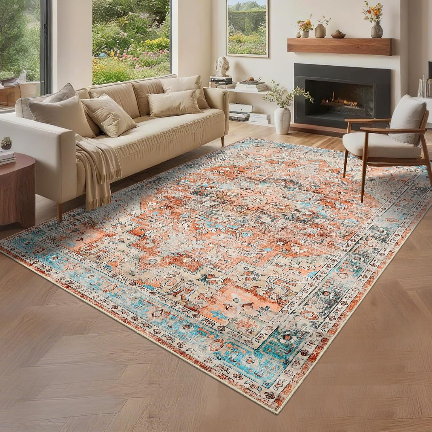 Vintage Washable Area Rug for Living Room and Bedroom Spaces
