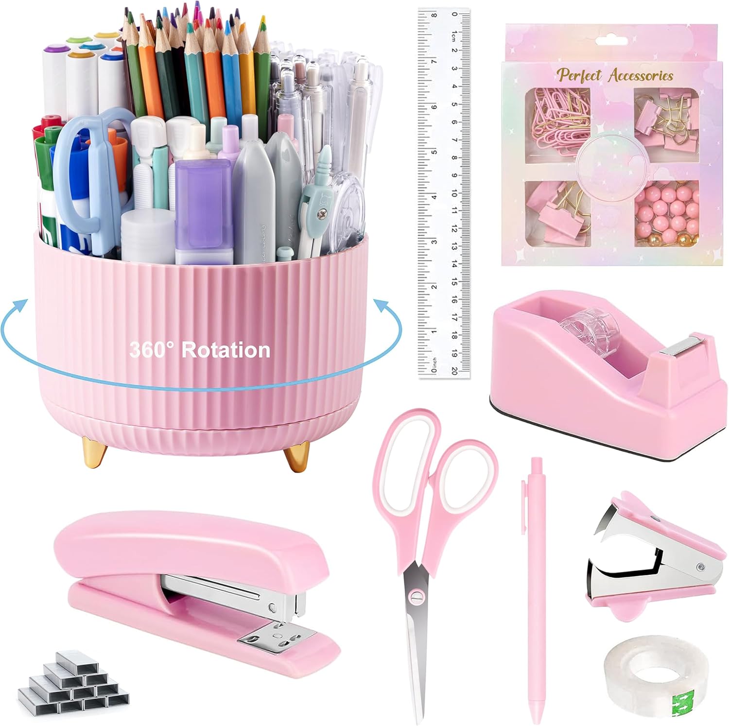 360-Pen Holder Desk Set: Pink Office Supplies