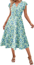 Womens Summer Casual Midi Dress Ruffle Sleeve V Neck - Flowy Comfort