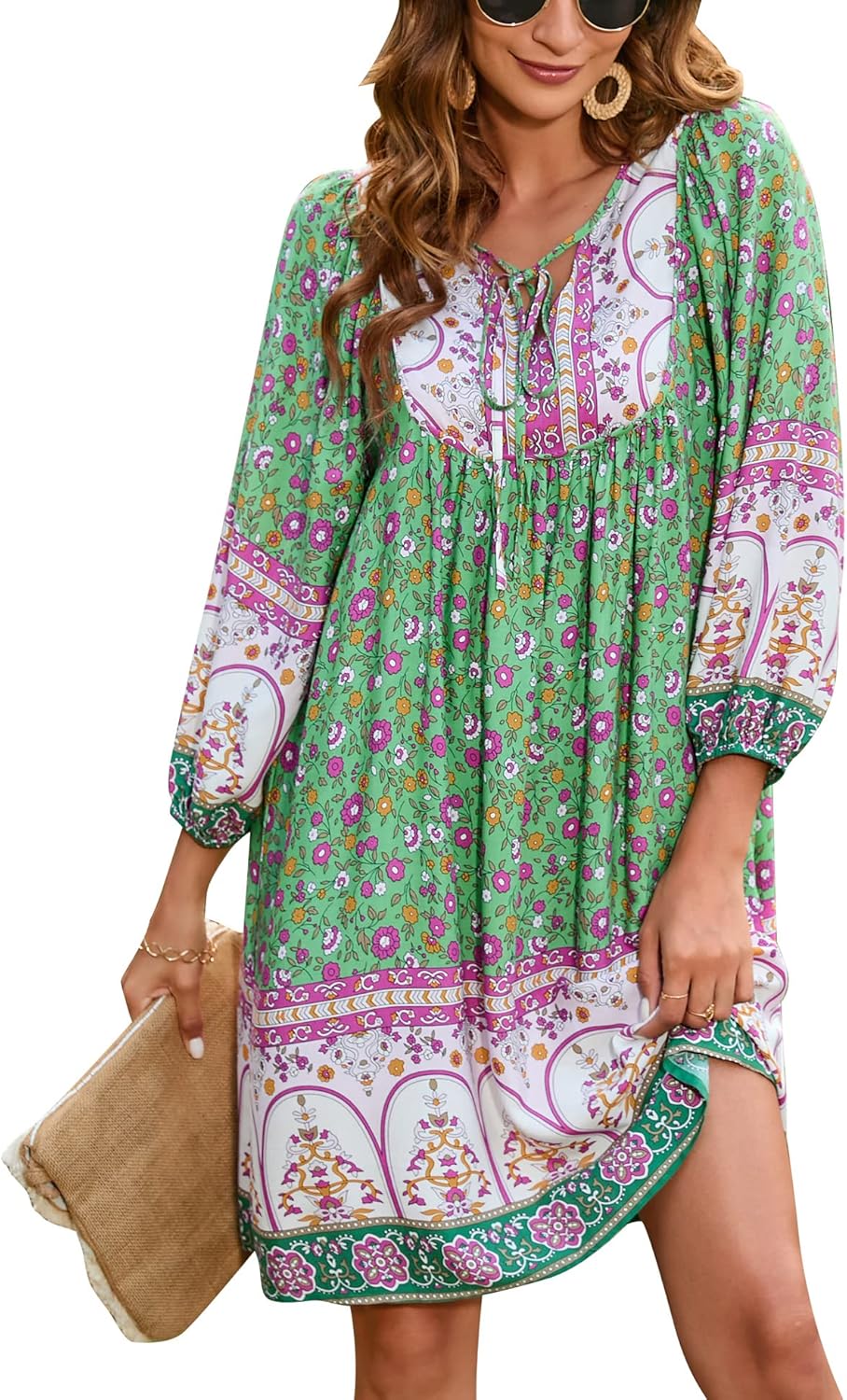 Bluetime Women Casual Summer Dress Boho V Neck Floral Print