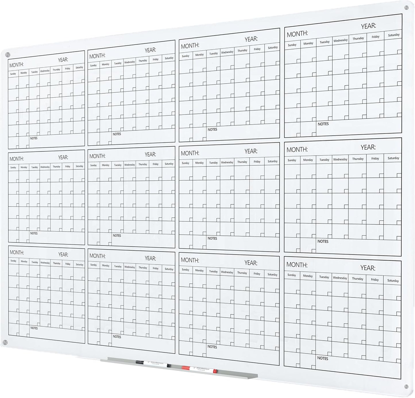 J&J worldwide Glass Whiteboard Yearly Calendar for Home Office