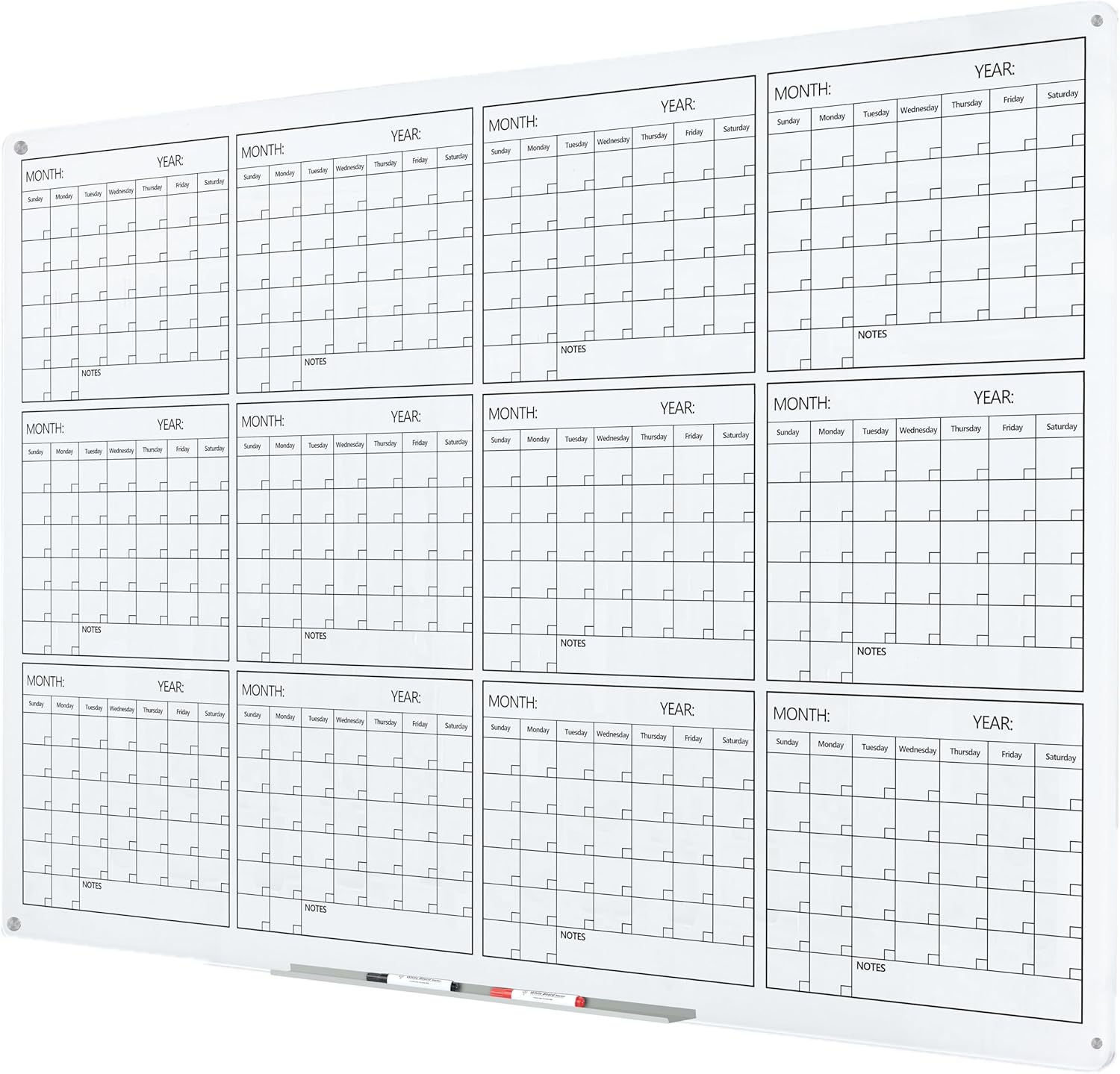 J&J worldwide Glass Whiteboard Yearly Calendar for Home Office