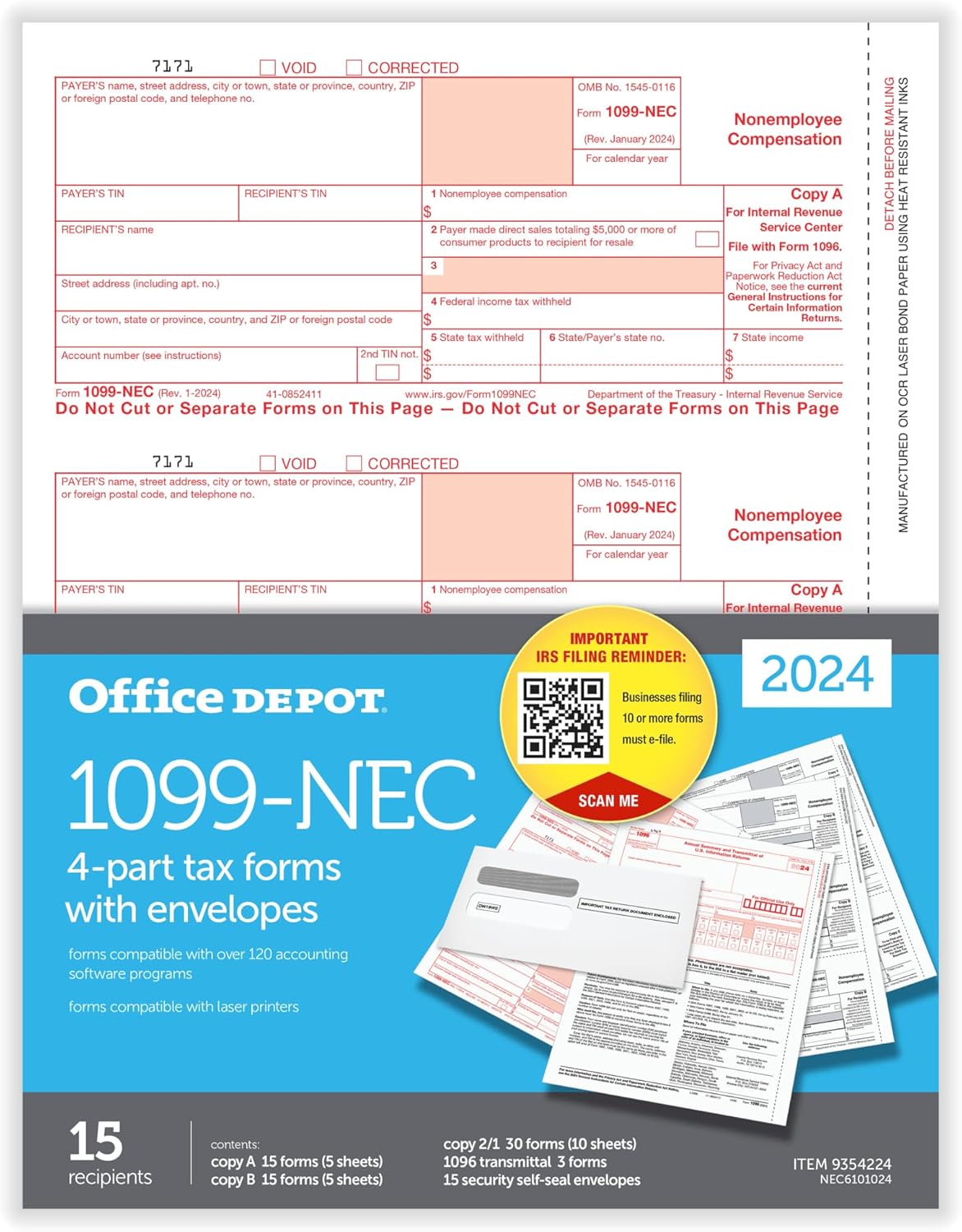Office Depot 1099-NEC Tax Forms - 4-Part, Laser, 15 Sets