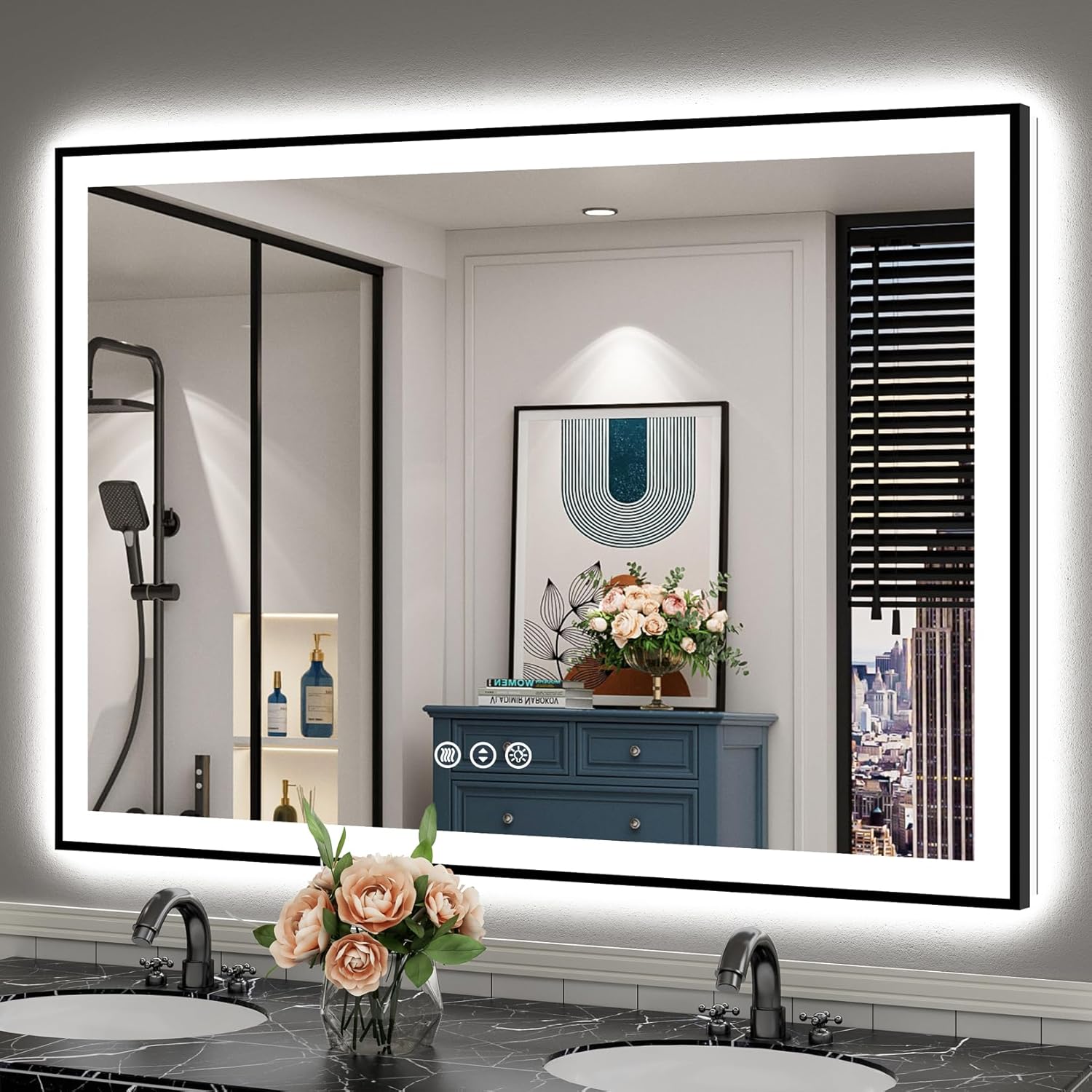 50x36 Black Framed LED Bathroom Mirror with Lights and Anti-Fog