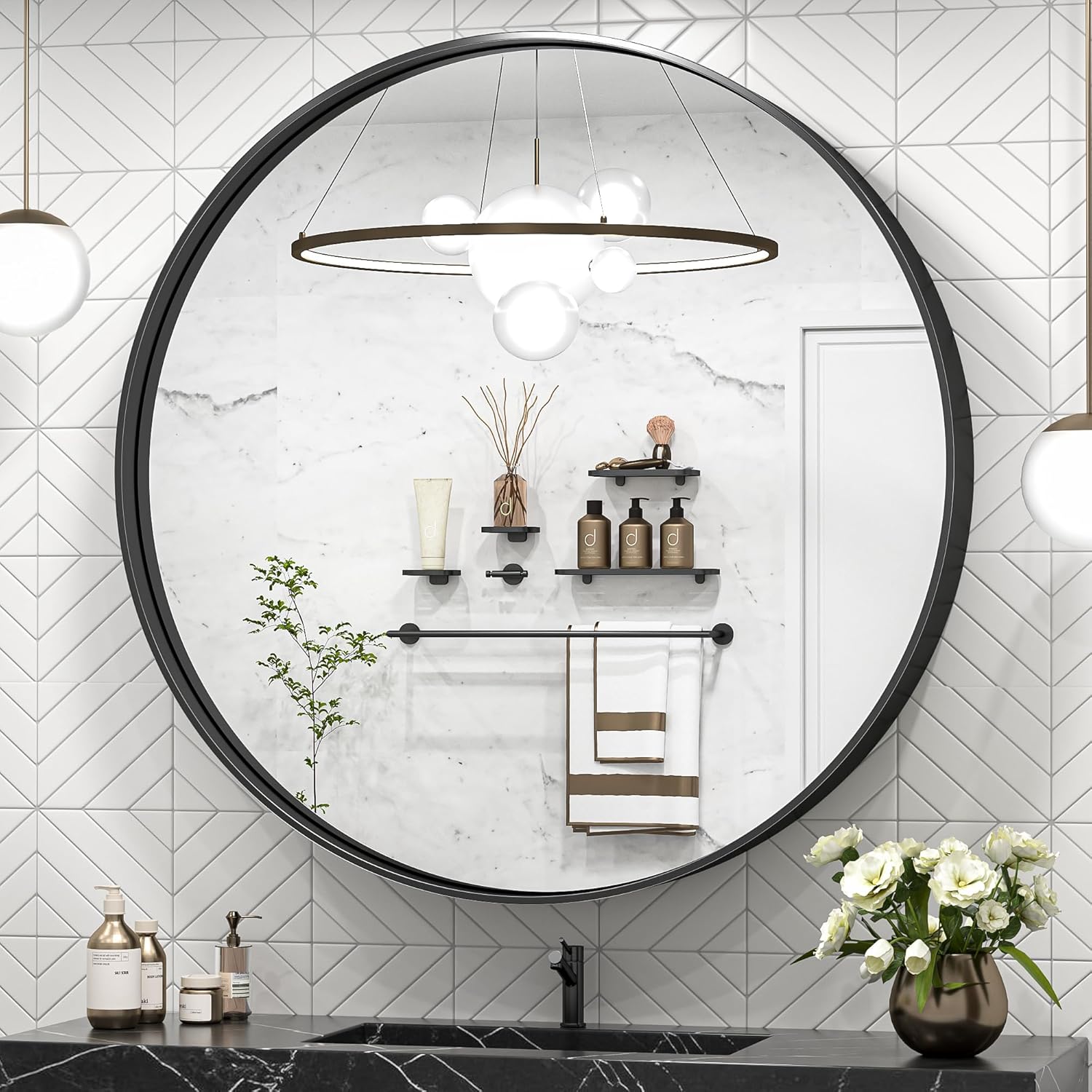40 Inch Round Black Bathroom Mirror with Non-Rusting Frame