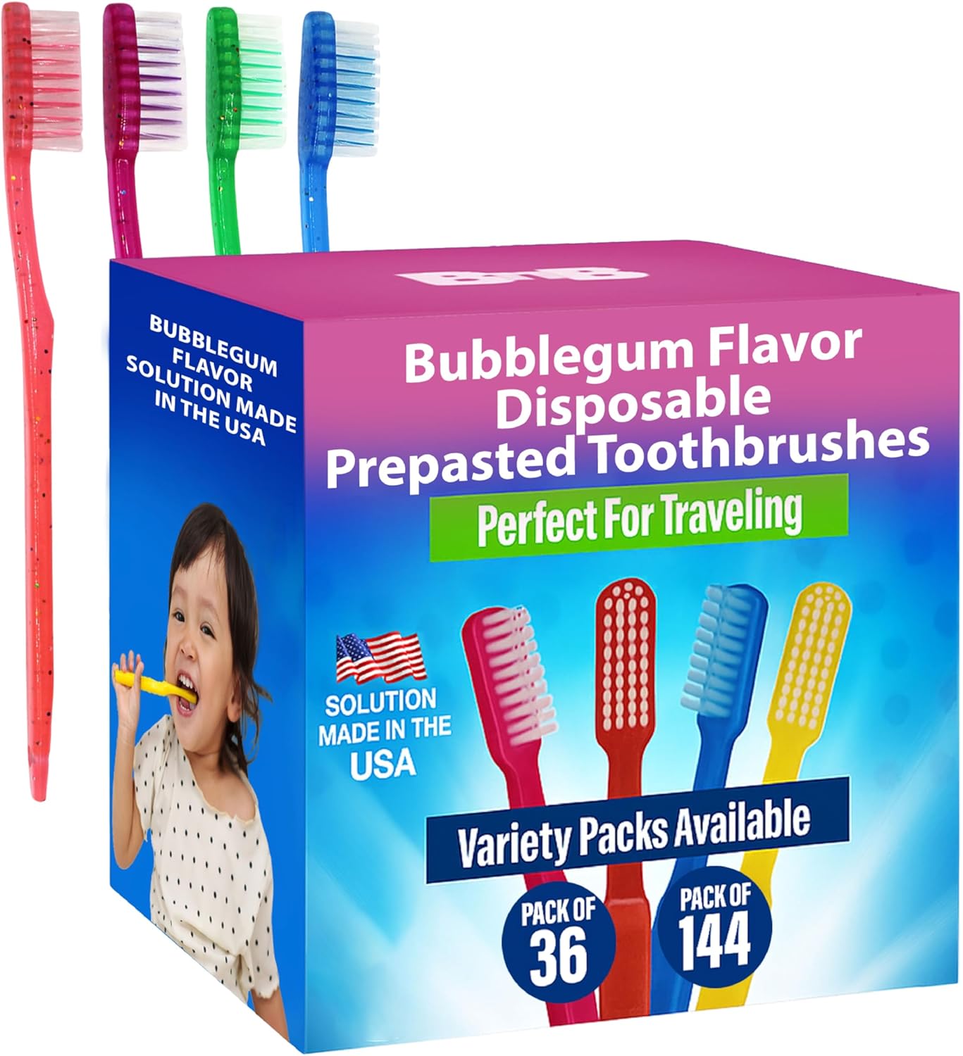 144 Kids Prepasted Toothbrushes - Bubblegum Flavor for Fun Brushing