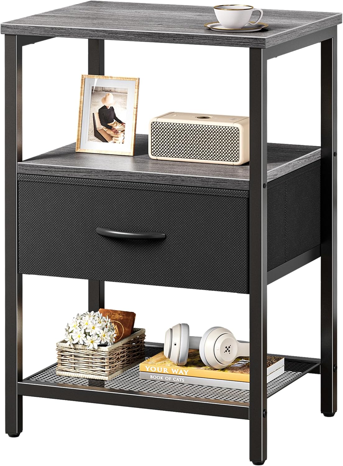 Huuger Night Stand with Fabric Drawer and Mesh Shelf for Storage