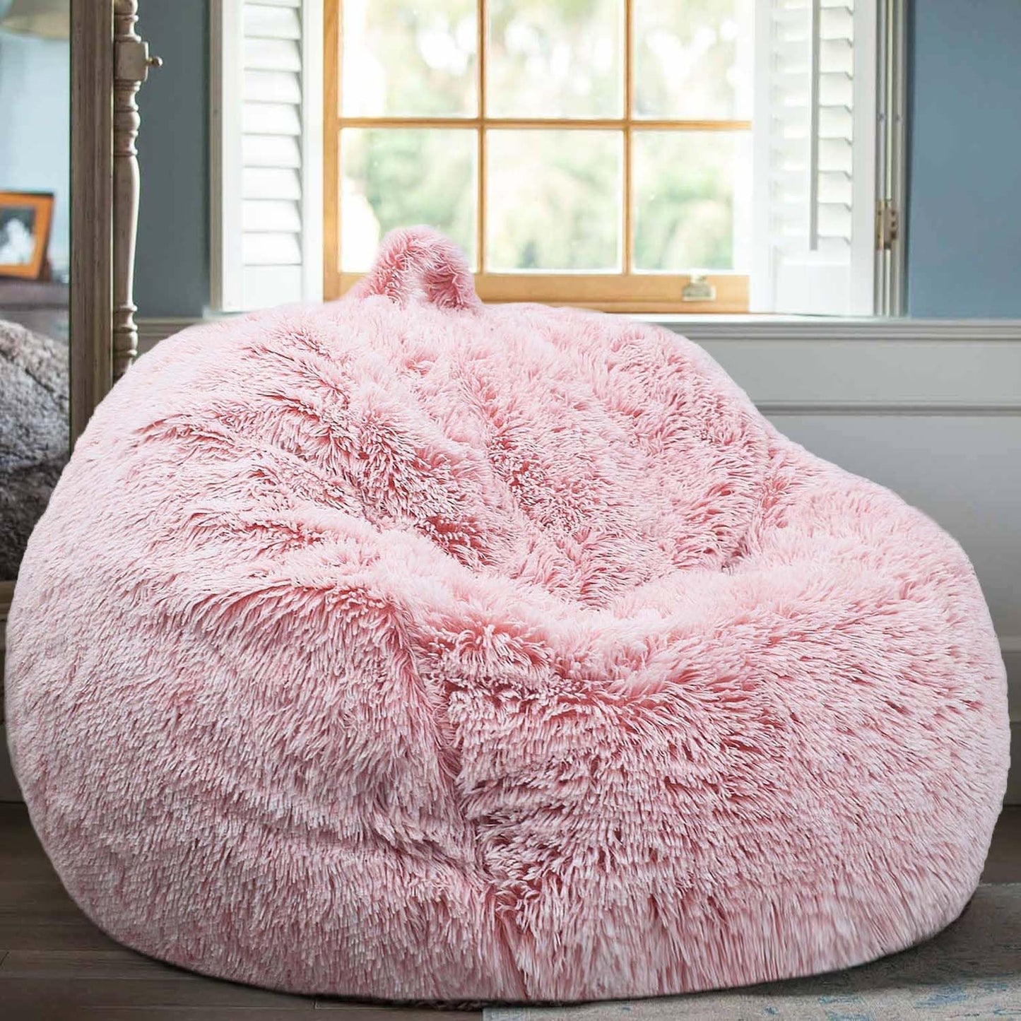 Fluffy Stuffed Animal Storage Bean Bag Chair Cover in Dusty Pink