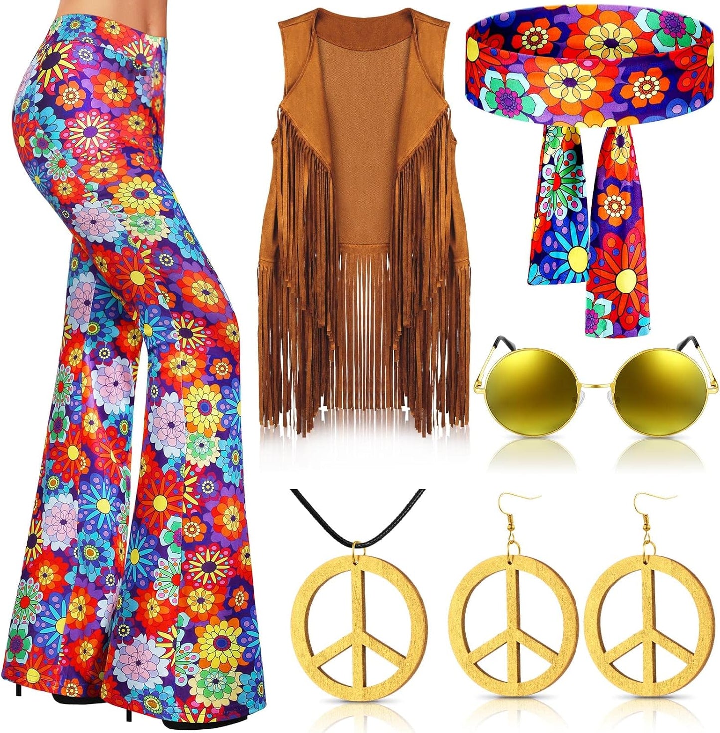 Hippie Costume Set for Women with Flared Pants and Accessories